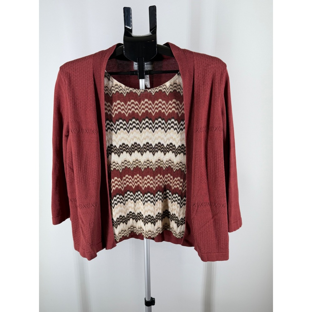 Alfred Dunner Petite PXL Rust Red Chevron 2-for-1 Layered Cardigan Sweater Top‎
